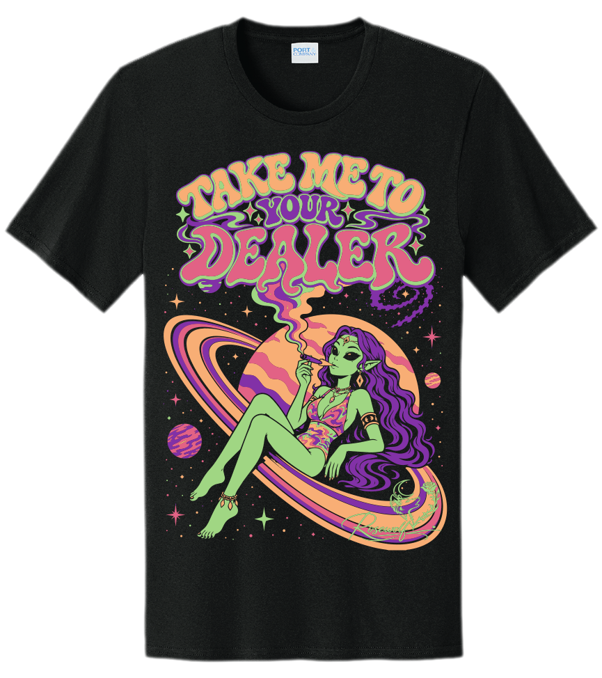 Take Me To Your Dealer screen printed tee, artist Rosewolf, on PC54 blank