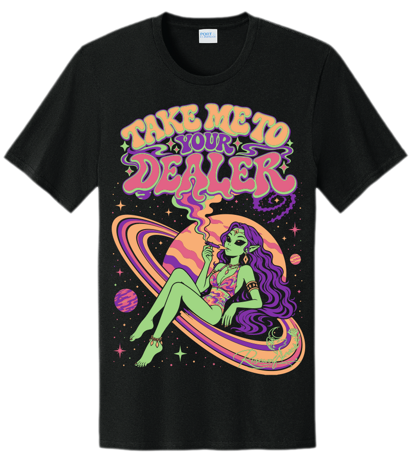 Take Me To Your Dealer screen printed tee, artist Rosewolf, on PC54 blank