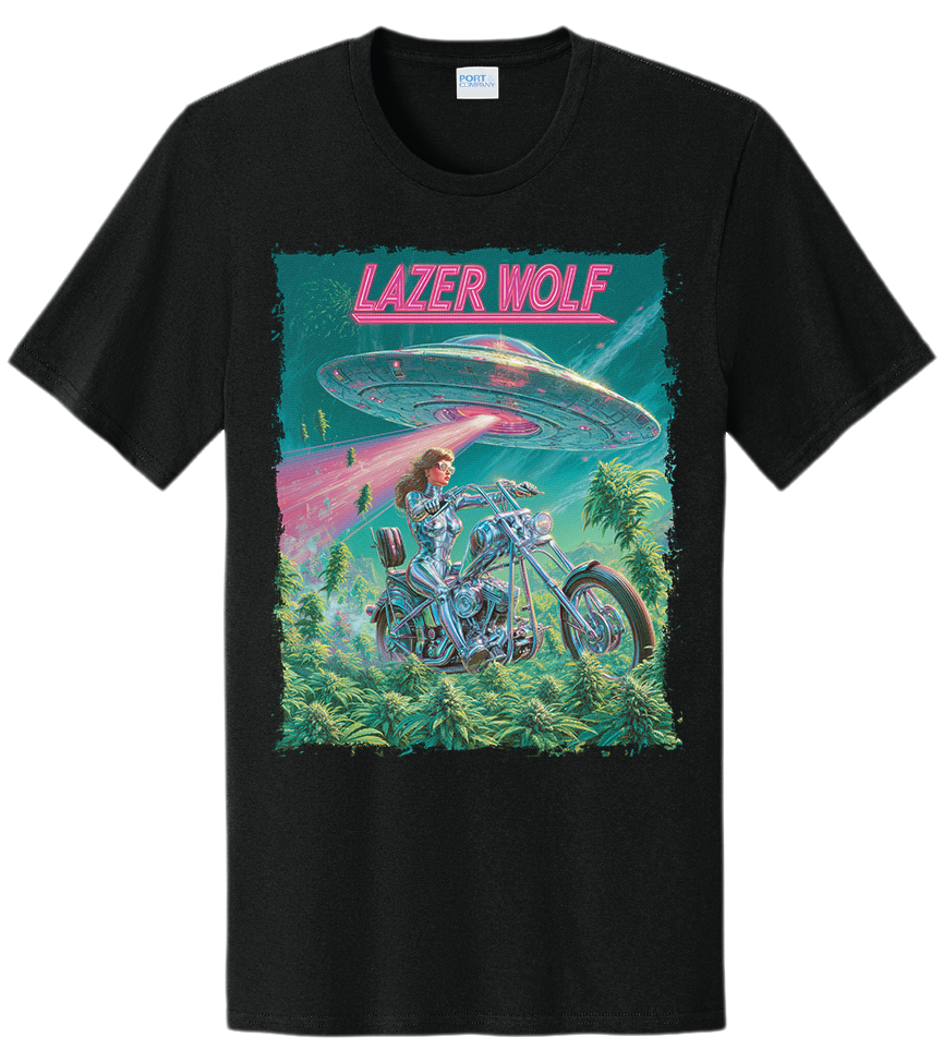 LAZER WOLF UFO Tee — screen printed graphic tee, front view
